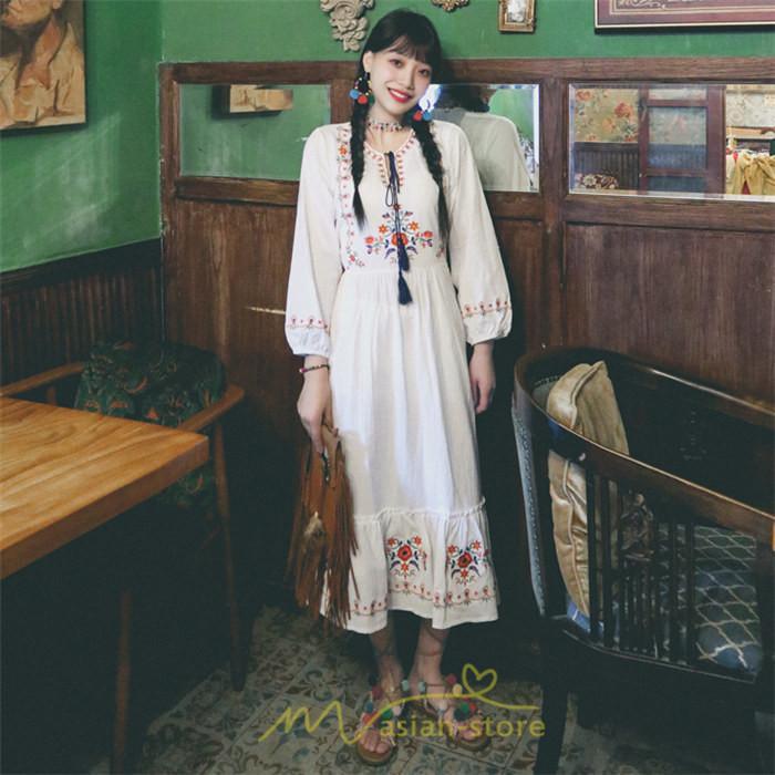 マキシ | ロングワンピース 長袖 花柄 フレア エスニック風 民族風 レトロ調 刺繍 綿麻 リゾート 旅行 レジャー お出かけ 外出 華奢魅せ 着痩せ 女子会 Vネック 同窓会
