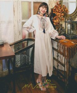 マキシ | ワンピース レディース 刺繍 綿麻 レトロ調 インスタ映え ナチュラル エスニック風 民族風 ボヘミアン 撮影 リゾート 柔らかい ウエストリボン長袖 イベント