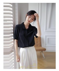 シャツ・ブラウス | トップス ブラウス 半袖 シャツ レディース オフィス フォーマル 白 黒 開襟 二重襟 バブルスリーブ 着痩せ フランス風 仕事服 クラシック 無地 通勤 大人 上品