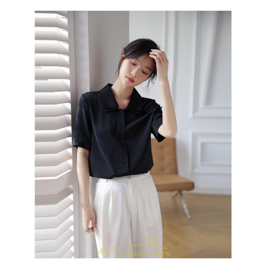 シャツ・ブラウス | トップス ブラウス 半袖 シャツ レディース オフィス フォーマル 白 黒 開襟 二重襟 バブルスリーブ 着痩せ フランス風 仕事服 クラシック 無地 通勤 大人 上品