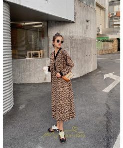 マキシ | レオパードワンピース 秋 レディース ヒョウ柄 Vネック ワンピース ロングワンピース 長袖ワンピース 大人 ゆったり 裾スリット 秋冬 30代40代50代 大きいサイズ