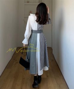 マキシ | ロングワンピース 秋物 レディース ミモレ丈 Aラインワンピース 切り替え フェイク レイヤード風 チェック柄 着やせ お呼ばれワンピース 重ね着風 30代40代