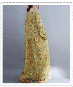 マキシ | ワンピース 大きいサイズ レディース  楽ちん 美人 コットン 夏 秋 新作 ぽっちゃり ゆったり 長袖 お腹 太もも 華奢 花柄 丸首 ポケット 黄色 美脚 着痩せ 通勤