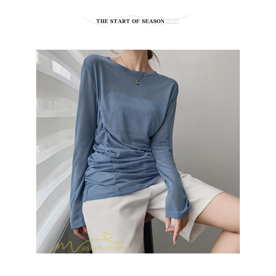 tシャツ・カットソー | Tシャツ Tシャツ レディース 無地 長袖 トップス カジュアルTシャツ おしゃれ クルーネック 秋服 夏秋 インナー 日常感 大きいサイズ 薄手 タック ゆったり 上品