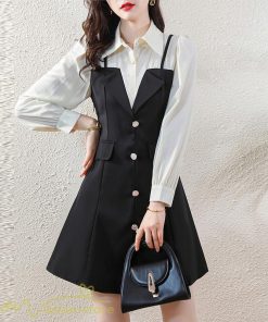 ミニ丈 | 切り替えワンピース 秋 レディース フェイク レイヤード風 ミニワンピース 膝上丈 Aラインワンピース オフィス 可愛い フォーマル エレガント シャツカラー 大人