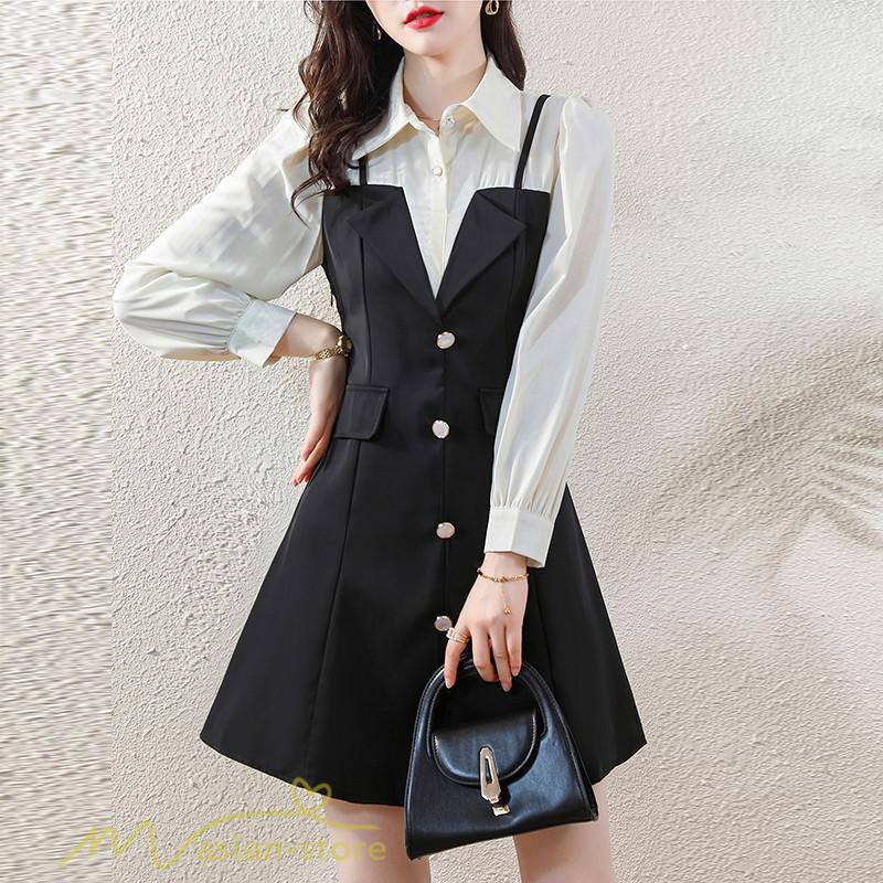 ミニ丈 | 切り替えワンピース 秋 レディース フェイク レイヤード風 ミニワンピース 膝上丈 Aラインワンピース オフィス 可愛い フォーマル エレガント シャツカラー 大人