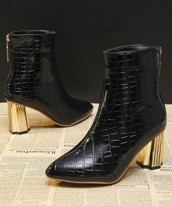 ショートブーツ | 大きいサイズレディース ポインテッドトゥ チャンキーヒール 柄 太ヒール バックファスナー 27cm ミドルヒール シューズ ブーツ 黒ブーツ