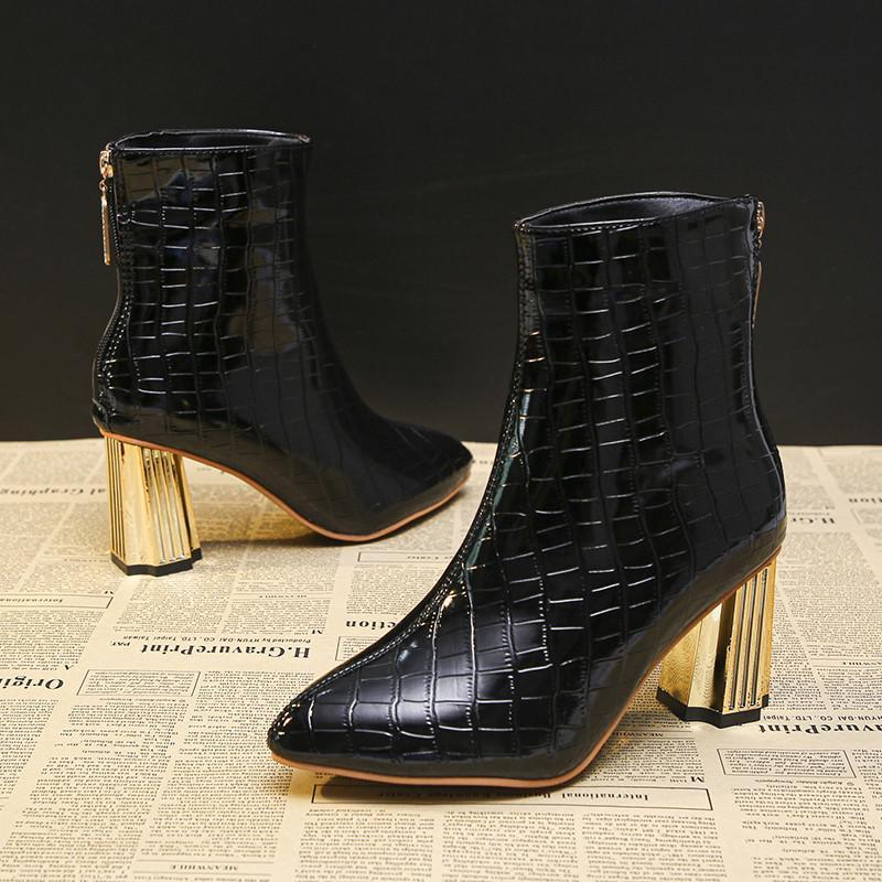 ショートブーツ | 大きいサイズレディース ポインテッドトゥ チャンキーヒール 柄 太ヒール バックファスナー 27cm ミドルヒール シューズ ブーツ 黒ブーツ