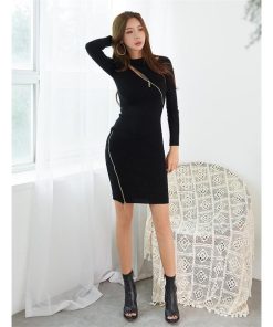 ミニ丈 | ニットタイトワンピース ファスナー付きお呼ばれワンピ フォーマル OL 長袖 ビジネスカジュアル ドレスワンピ ストレッチ 二次会 ママ 黒 ヒップアップ