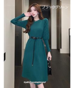 ミディアム | ワンピース 無地 きれいめ 30代 40代 50代 着やせ 上品 大きいサイズ ミモレ丈 長袖 春夏秋冬 丸首 ミモレ丈 ひざ丈 長袖 パフスリーブ