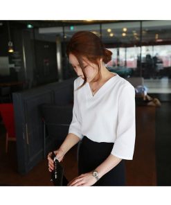 シャツ・ブラウス | シャツブラウス レディース シャツ 五分袖 Vネック 無地 トップス カットソー 可愛い 大人 30代 40代 50代 フォーマル ピンク 白 ブルー オフィス