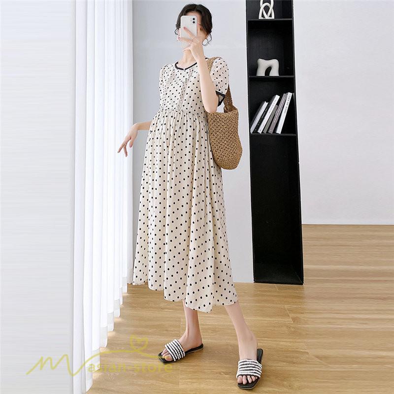 ワンピース | マタニティレディース 着痩せ ドット柄 Aライン半袖 ゆったり マタニティウェア 上品 産前 サマー おしゃれ お出かけ 妊婦服