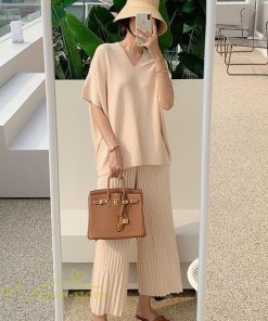 送料無料SALE | セットアップ ニット トップス パンツ ストレッチ 涼感 夏ニット 半袖 九分丈 ウエストゴム レディース 2点セット 30代40代 無地 ゆったり Vネック 上品