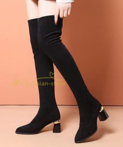 ロングブーツ | ニーハイブーツ スエード調 美脚 秋冬 ストレッチ チャンキーヒール 太ヒール レディース 走れる 黒 美脚 無地 ブーツ ハイヒール