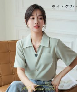 シャツ・ブラウス | ブラウス シャツ 夏 半袖 レディース 白 緑 無地 Vネック 開襟 胸ポケット 通気性 シンプル フランス風 女性 オフィス エレガント 上品 着痩せ 通勤 華奢見え OL
