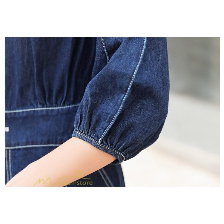 デニムワンピース | レディース デニム ワンピース マーメイド 長袖 秋 5分袖 カジュアル シャツワンピース カジュアル ロング丈 レトロ風 ポケット 着痩せ