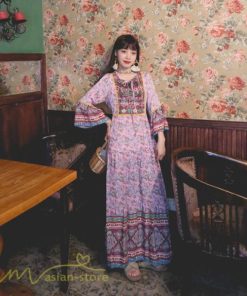 マキシ | ワンピース 長袖 レディース ロング丈 コットン Aライン ゆったり 体型カバー 大人 可愛い ナチュラル 春 夏 秋 海外旅行 フェミニン 着痩せ Vネック エスニック