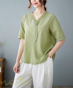 tシャツ・カットソー | Tシャツ ブラウス レディース Vネック カジュアル エレガント 半袖 30代 40代 カットソー 夏新作 おしゃれ 大きいサイズ 体型カバー コットン 麻混 ゆったり