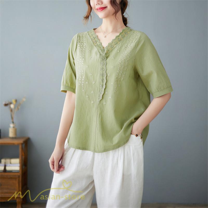 tシャツ・カットソー | Tシャツ ブラウス レディース Vネック カジュアル エレガント 半袖 30代 40代 カットソー 夏新作 おしゃれ 大きいサイズ 体型カバー コットン 麻混 ゆったり