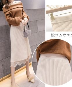 タイトスカート | ストレッチ ミモレ丈 リブ編み リブニットスカート 暖か スリット 裾レース ボトムス ウエストゴム スカート ロングスカート