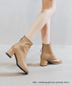 ショートブーツ | レディース 春秋ブーツ スクエアトゥ ブーツ チャンキーヒール 太ヒール 後ろファスナー 靴 通学通勤 シューズ 大人 黒ブーツ ミドルヒール