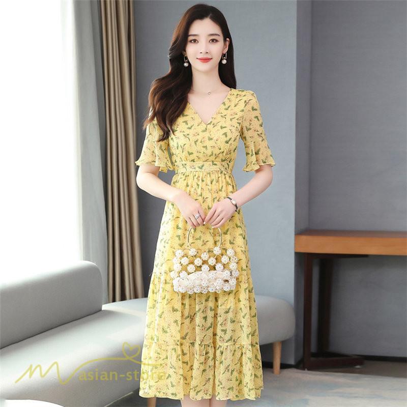 ミディアム | ワンピース Aライン レディース 着痩せ 上品 カジュアル Vネック カジュアル 春 夏 花柄 きれいめサマー ワンピース 通勤 通学 ソフト 膝丈 大人 お出かけ