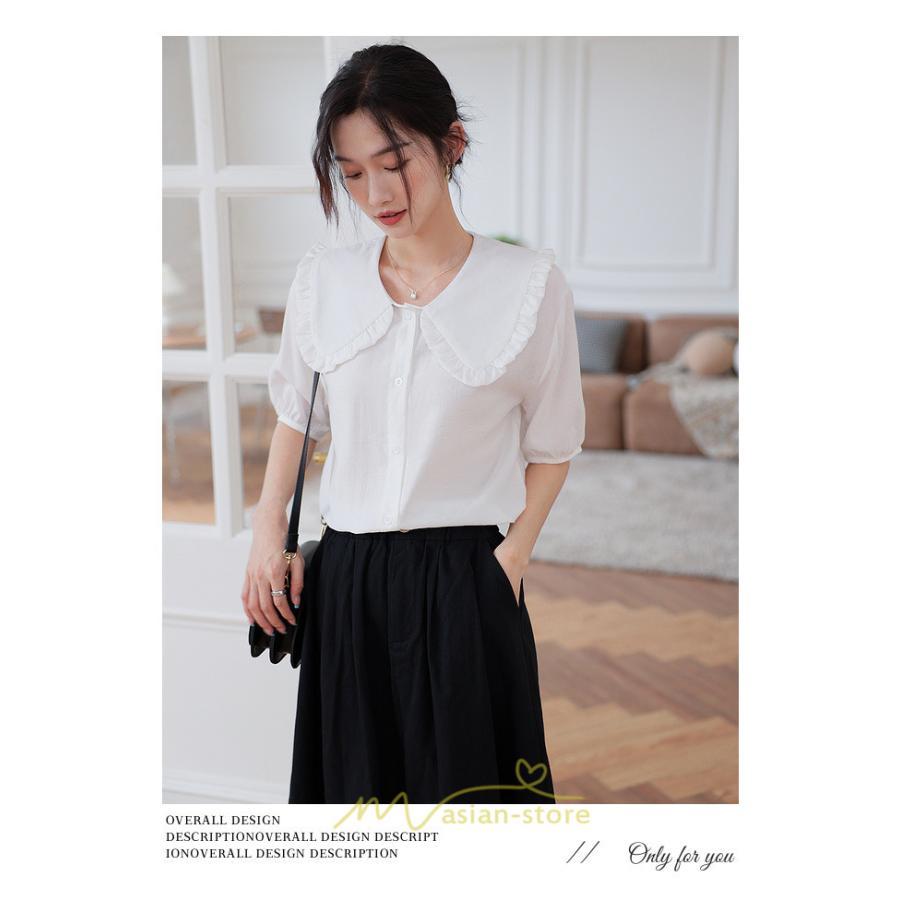 シャツ・ブラウス | ブラウス シフォン トップス レディース 白 紫 夏ブラウス シフォンブラウス 半袖 オフィス 春夏 クルーネック お出かけ 着痩せ 華奢見え フリル