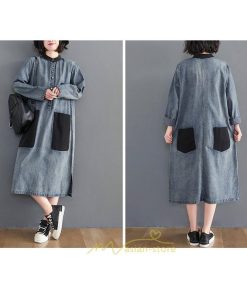 デニムワンピース | ワンピース レディース ロングワンピース 夏 おしゃれ 春 秋 長袖 ポケット付き 体型カバー 着痩せ 可愛い スリット 20代30代40代50代