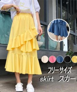 スカート | Aライン フレア裾 不規則アシンメトリー シフォン 韓国風 ティアード フリーサイズ 2020夏コーデ プリーツフレア ウエストゴム ハイウエスト