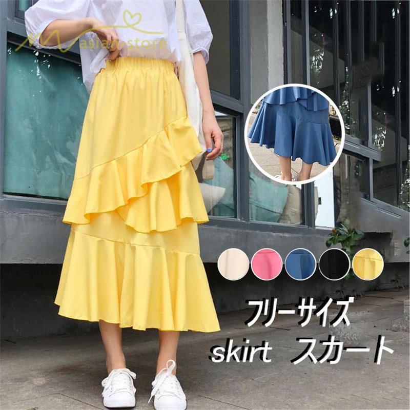 スカート | Aライン フレア裾 不規則アシンメトリー シフォン 韓国風 ティアード フリーサイズ 2020夏コーデ プリーツフレア ウエストゴム ハイウエスト