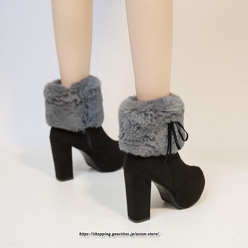 ブーツ | ショートレディース 6cmヒール ファー サイドジッパー 太めヒール 冬 保温 防寒 大きいサイズ 痛くない 冬靴 あったか オシャレ 疲れない