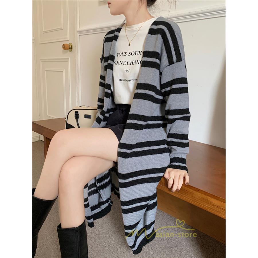 カーディガン | ロングニット2022秋冬 レディース アウター ボーダー 羽織り 長袖 ニット ニットカーデ セーター 大人 通学通勤 20代40代