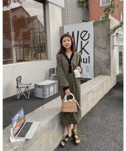 マキシ | レオパードワンピース 秋 レディース ヒョウ柄 Vネック ワンピース ロングワンピース 長袖ワンピース 大人 ゆったり 裾スリット 秋冬 30代40代50代 大きいサイズ