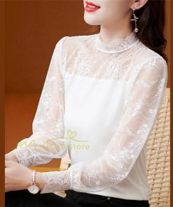 tシャツ・カットソー | カットソー レディース 長袖 春 シャツ 異素材 切り替え レース付き 透け感 20代30代40代50代 ハイネック インナー 着痩せ お出かけ カジュアル カシュクール