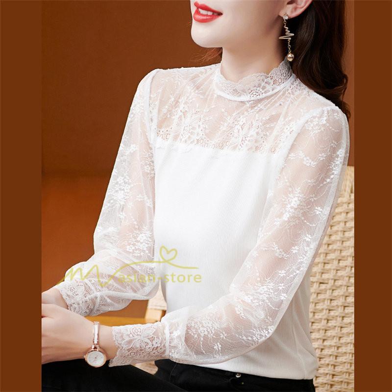 tシャツ・カットソー | カットソー レディース 長袖 春 シャツ 異素材 切り替え レース付き 透け感 20代30代40代50代 ハイネック インナー 着痩せ お出かけ カジュアル カシュクール