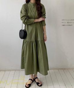 マキシ | シャツワンピース モックネック レディース 無地 長袖 切り替え Aラインワンピース 20代30代 フリーサイズ 春 ゆるワンピース コーデ 40代50代 秋 体型カバー