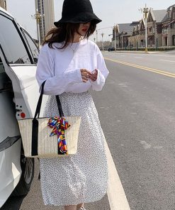 ハンドバッグ | 草編みバッグ リボン スカーフ付き かごバッグ 手提げバッグ レディース ストローバッグ 大容量 トートバッグ ハンドバッグ