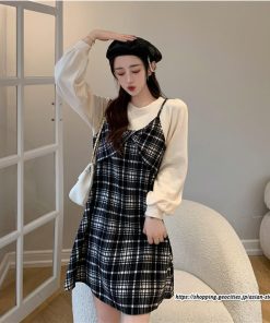 ミニ丈 | チェック柄ワンピース 膝上丈 長袖 切り替え フェイクレイヤード Aラインワンピース スリム 通学通勤 可愛い ミニワンピース ワンピ 低身長 ワンピース 秋物