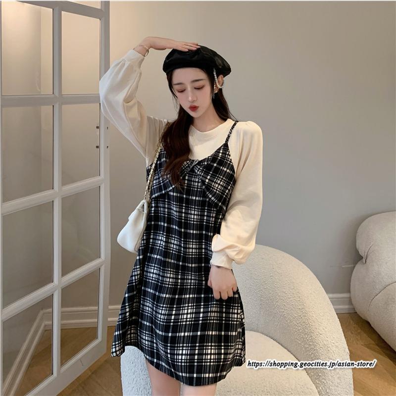 ミニ丈 | チェック柄ワンピース 膝上丈 長袖 切り替え フェイクレイヤード Aラインワンピース スリム 通学通勤 可愛い ミニワンピース ワンピ 低身長 ワンピース 秋物
