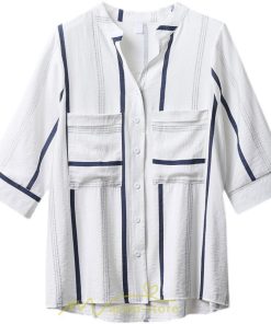 シャツ・ブラウス | ブラウス シャツ 七分袖 レディース ストライプ柄 ボーダー柄 春 夏 胸ポケット付き Ｖネック 華奢見え 通勤 お呼ばれ 日常 ビジネス 同窓会 エレガント 二次会