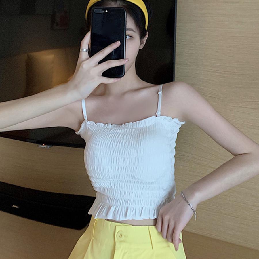 キャミソール | インナー ベアトップ レディース ストラップ付き チューブトップ トップス 韓国ファッション ストレッチ ギャザー飾り フリル