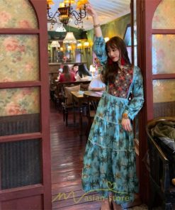 マキシ | ワンピース 七分袖 レディース 夏服  秋服 ロングワンピース マキシ丈 Vネック 民族風 エスニック風 体型カバー カジュアル お洒落 レトロ ハイウエスト