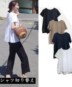ｔシャツ・カットソー | Tシャツ レディース トップス 夏 半袖 可愛い 無地 切り替え 後ろプリーツ 黒 プルオーバー 体型カバー シンプル OL 大人 夏服 サマー