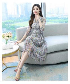 ミディアム | ワンピース 膝丈 花柄 きれいめ 5分袖 カジュアル Aラインスカート 上品 着痩せ ミディアムワンピース お出かけ シフォン 日常感 通気性 大人 エレガント