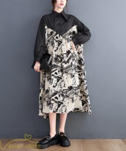 シャツワンピース | 長袖 ミディアムワンピース 切り替え ゆったり フリーサイズ 体型カバー 秋コーデ カジュアル 上品 大人 ワンピース ひざ丈 オーバーサイズ