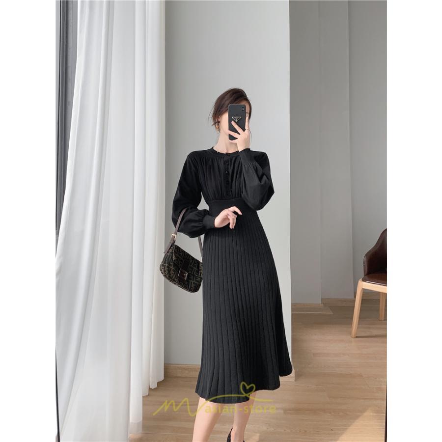 ニットワンピース | レディース 冬 きれいめ ロング おしゃれ 秋冬 長袖 送料無料 着痩せ 無地 通勤 提灯袖 可愛い パフスリーブ 20代30代40代50代