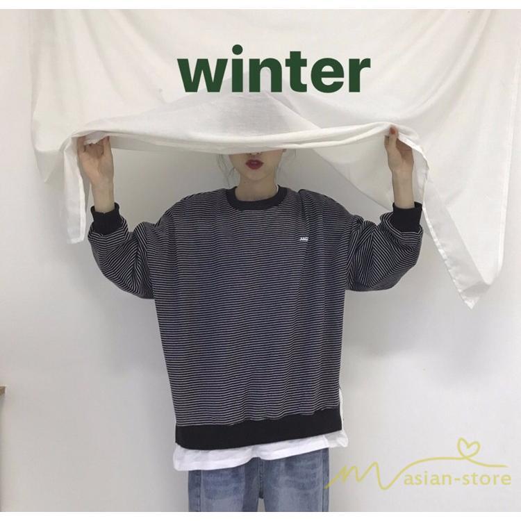 パーカー | フェイクレイヤード風トレーナー レディース ゆったりシルエット 切替 長袖 トップス フードなしボーダー ロングTシャツ サイドスリット入れ