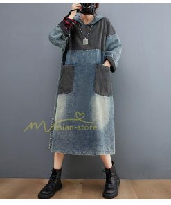 マキシ | ワンピース レディース デニムワンピース ロングワンピース 長袖 大きいサイズ 着痩せ 体型カバー 通勤 OL お出かけ 春秋 フード付き 上品 30代/40代/50代/60代
