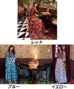 マキシ | ワンピース 七分袖 レディース 夏服  秋服 ロングワンピース マキシ丈 Vネック 民族風 エスニック風 体型カバー カジュアル お洒落 レトロ ハイウエスト