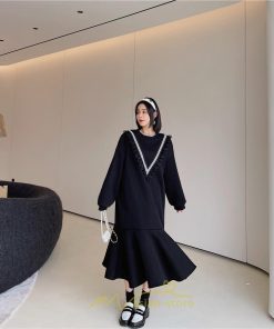 マキシ | スウェットワンピース 秋冬 レディース ロングワンピース ロングスウェット 裾切り替え 長袖ワンピース 30代60代 ゆったり 大人40代 黒ワンピース 大きいサイズ